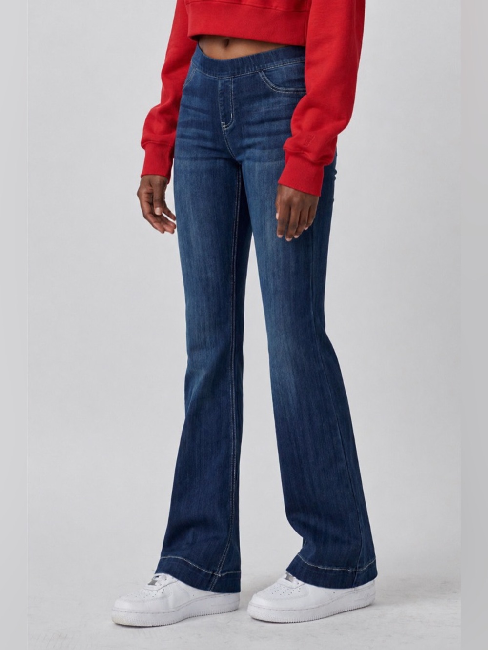 Blue Dark Wash Pull On Flare Ultra Stretchy Denim Jegging Long Jeans - Picture 3 of 12